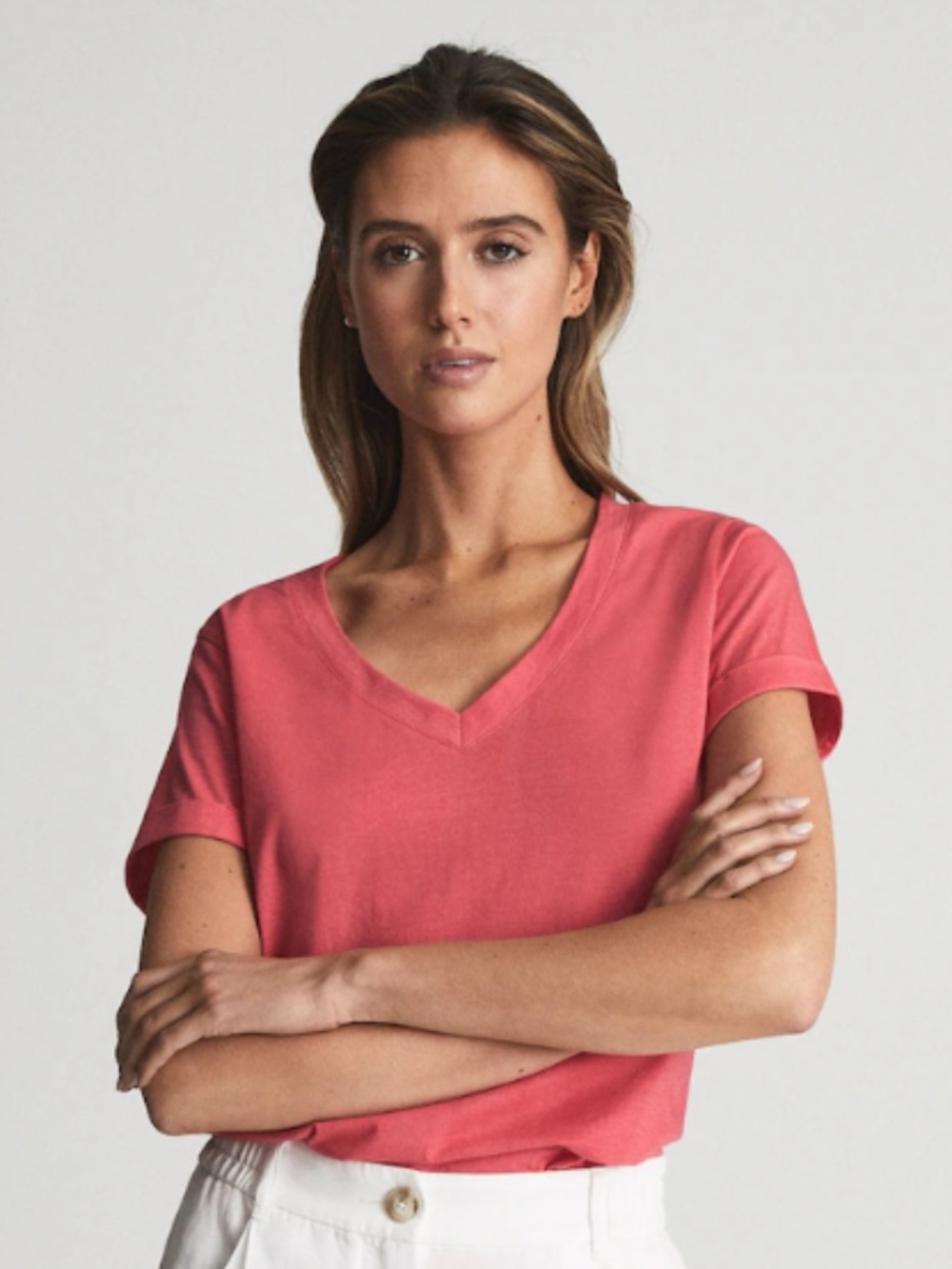 Reiss Luana Cotton V neck Tee in Coral Size Small EUC